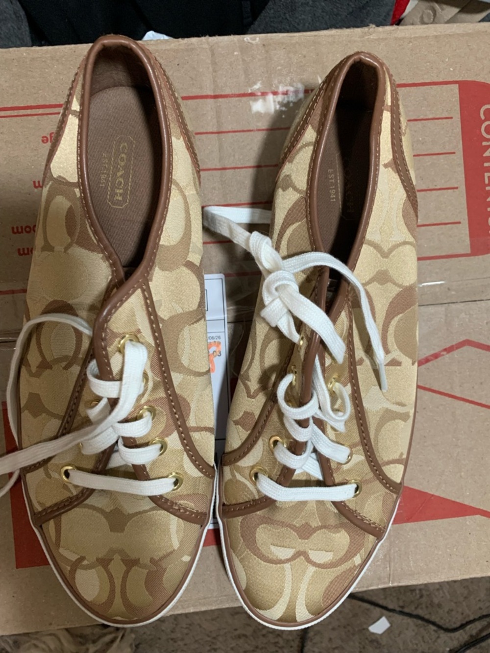 Coach Beige/Tan Signature Canvas Lace-Up Sneakers